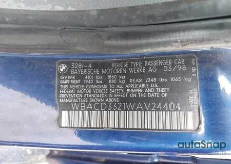 1998 BMW 328 I из США, поврежденный, VIN WBACD3321WAV24404